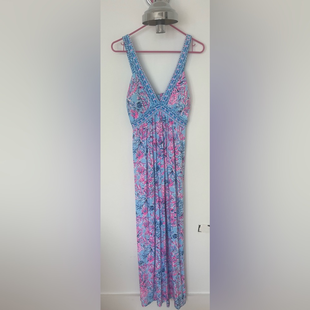 Lilly Pulitzer Blue and Pink Maxi Dress with Floral Print